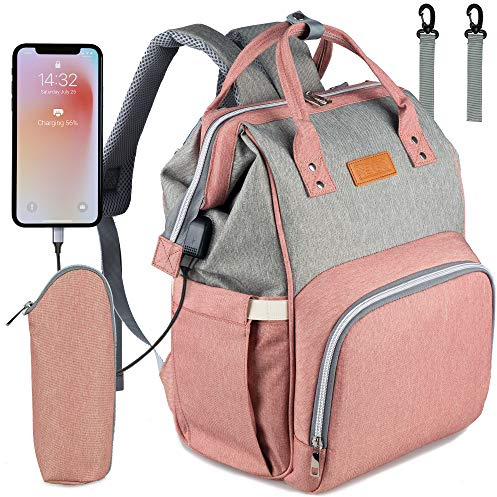 NEVEQ Babyblöjryggsäck, multifunktionell reseskötväska med USB, stor kapacitet med flera funktioner, grå-rosa