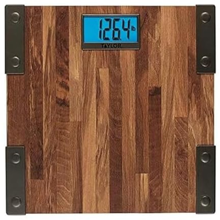 Taylor Digital Scales for Body Weight, Extra High Accurate 440 LB Capacity, Unique Blue LCD, Farmhouse Look, Auto On and OffScale, 12.4 x 12.4 Inches, Brown