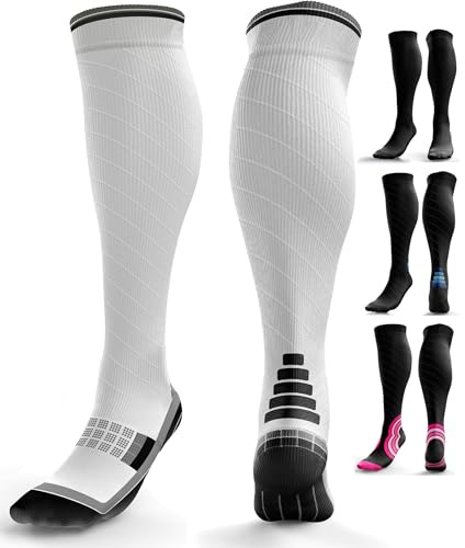 aZengear Kompressionsstrumpor för män och kvinnor - Anti DVT flygresor strumpor - svullna ben - springa - benhinneinflammation vadtrycksstöd - sport (S/M, Vit m/Grå)