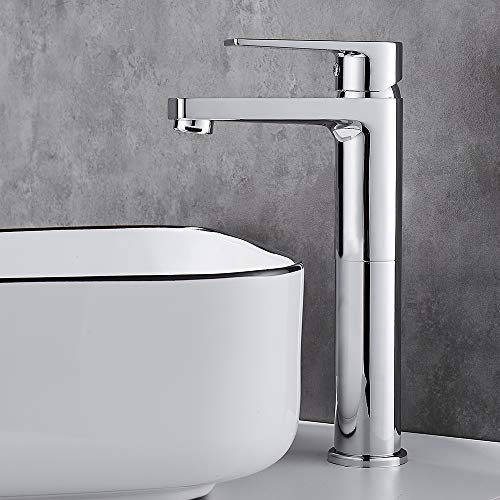Gricol Rubinetto per Lavabo da Bagno con Maniglia Quadrata in Ottone Miscelatore a Freddo e Caldo con Monocomando Cromo Alto Argento