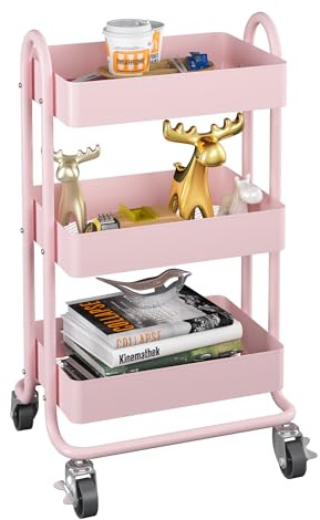 MIOCASA 3-Tier Metal Utility Rolling Cart, Heavy Duty Multifunction Cart with Lockable Casters, Easy to Assemble, Suitable for Office, Bathroom, Kitchen, Garden