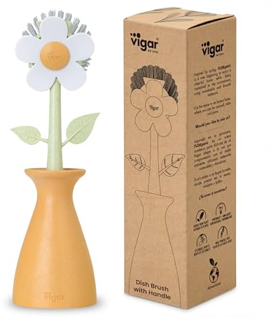 Vigar Dish Brush with Daisy-Shaped Design and Holder, Orange, Nylon Bristles, Plastic Handle, Kitchen Dishes and Sink Cleaning | Dish Scrubber With Handle, Pot Scrubber, Kitchen Scrub Brush, Dishwashing Brush Tool for Sink Cleaning