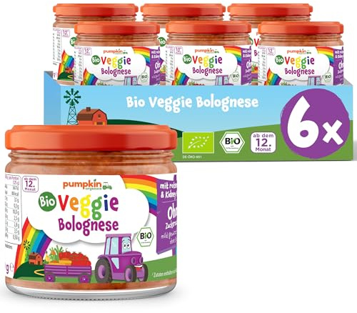 Pumpkin Organics Bio Veggie Bolognese 6x Nudelsauce für Babys und Kinder | Fertige Nudelsauce mit Linsen und Gemüse, ab 12 Monaten, rein pflanzlich, ohne Soja, glutenfrei, mild gewürzt, 100% Bio