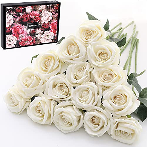 Cloudecor 15Pcs Artificial Roses Velet Real Touch Single Stem Fake Roses Silk Realistic Bouquet Flowers Arrangements Home Office Party Wedding Decoration (Round Roses - Cream White 15p)