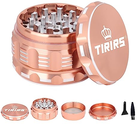 TIRIRS 3 Inches 4 Pieces Premium Herb Grinder - Aluminium Large Spice Grinder with Pollen Catcher, Comes with Pollen Scraper and Cleaning Brush, Rose Gold