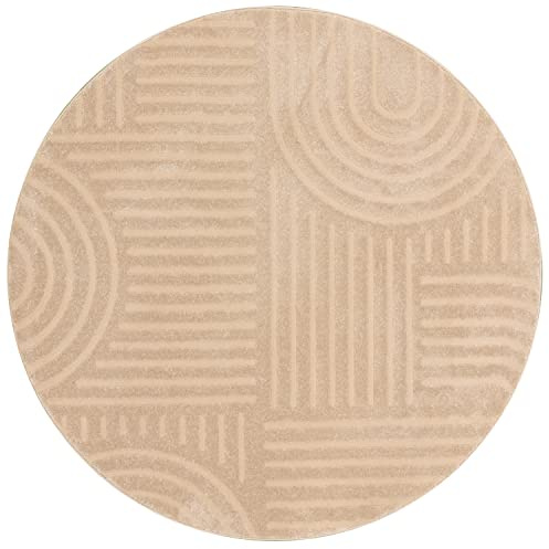 Kurzflor Teppich, Rund, Wohnzimmer, Boho Geometrisch - Beige - Ø160 cm (rund) - Moderner Superweicher Teppich