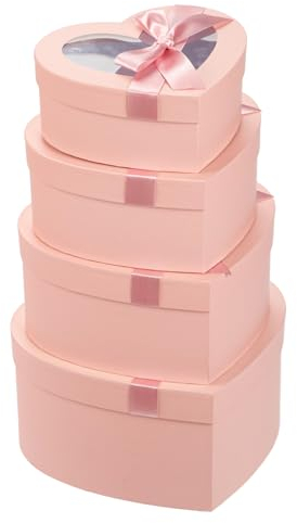 4PCS Pink Gift Boxes with Clear Lids Heart Shaped Flower Boxes Nesting Florist Hat Boxes for Arrangements Floral Gift Box for Presents Wedding Valentines Birthday Mother's Day Crafting