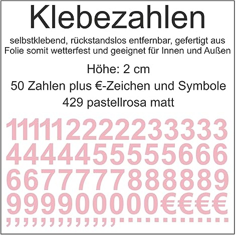 Aufkleber Sticker Klebezahlen Klebezahl Zahlen Zahl Nummern aus Folie 50 Zahlen rosa pastellrosa matt Höhe 2 cm selbstklebend wetterfest Nummerierung Preisauszeichnung Beschriftung Modellbau