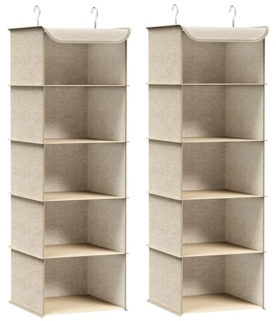 SONGMICS Hanging Wardrobe Storage Organisers, Set of 2, Hanging Storage Shelves, Foldable Wardrobe Clothes Organisers, Space-Saving, Metal Hooks, Bamboo Inserts, Linen Pattern, Sand Beige RCH005Y02