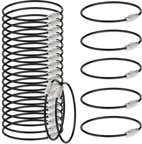 Amabro 25PCS Stainless Steel Wire Ring, Loops Wire Keychain Cable Key Rings Coated Cable Loop Rings for Hanging Keyrings Luggage Tags ID Tags Keepers 2mm(Black)