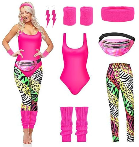 JINGTOPS Kostüm 80er Jahre Damen,90er 80er Jahre Outfit Damen Set,80er Jahre Accessoires Outfit Damen mit Leggings, Beinwärmer, Gürteltasche,80er karneval kostüm Accessoires (Rose Rot, L)