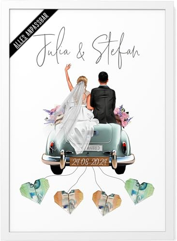 Papierschmiede® Personalisiertes Geldgeschenk Hochzeit | PAAR IST ANPASSBAR | DIY Hochzeitsgeschenke für Brautpaar | A4 Poster mit Rahmen Hochzeitsauto Geld Geschenk Bild „Old Car“