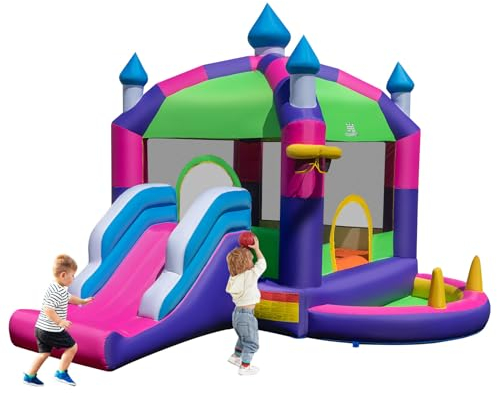 LIFEZEAL Hüpfburg Outdoor, Große Springburg mit Rutsche & Ballgrube, Hüpfschloss mit Sonnendach für Kinder von 3 bis 10 Jahre, Aufblasbare Burg für Innenbereich & Außenbereich