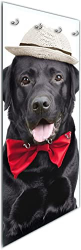 Wallario Wandgarderobe aus Glas in Größe 50 x 125 cm in Premium-Qualität, Motiv: Schwarzer Labrador Retriever mit roter Fliege und Mütze | 7 Kleiderhaken zum Aufhängen von Jacken