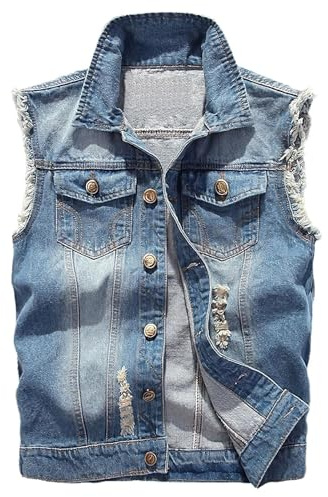 Momooda Uomo Gilet in Denim Strappato in Cotone, Vestibilità Slim, Gilet di Jeans Casual Senza Maniche Invecchiato, Azzurro, XL