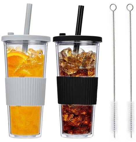 MEYAGOT 2pcs Tazza Da Caffè Ghiacciata, Tazze Da Caffè, Tazza Da Caffè Coppa Da Tè Riutilizzabile E A Prova Di Perdite Con Coperchio E Cannuccia Per Frappè, Frullati, Cocktail(Grigio+Nero, 710ml)