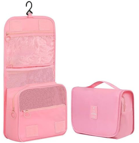 Travel Hanging Toiletry Bag Wash Bag, YYGOJOY Foldable Wash Bag Makeup Cosmetic Bags, Portable Waterproof Organizer Bags for Men Women Girls (Pink)