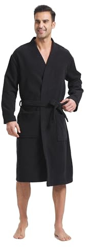 FashGudim Frottébadrock för män stor och små kort kimono-badrock superabsorberande spa-badrock vadlång med fickor, svart, 3XL
