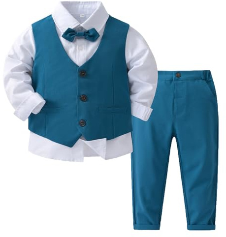 Rswnyirn Conjunto de Traje para Bebé Niño Boda Bautizo Esmoquin Outfit de 3 piezas, Vestido de Bautizo, Camisa con Chaleco y Pantalón de Traje Formal, azul, 92-98