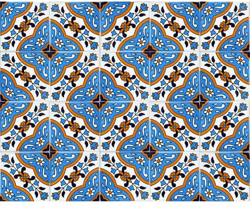 20 glasierte Keramikfliesen – Stile Maadnoussi (Celeste) – 10 x 10 cm, Dicke 0,6 cm – tunesische Fliesen, hergestellt mit handwerklichem Siebdruck – geeignet zum Abdecken