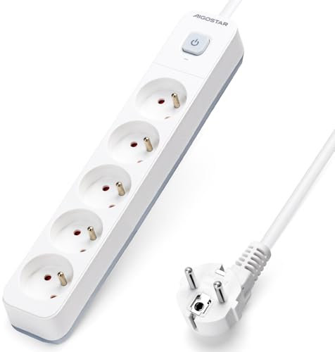 Aigostar Multiprises 5 Prises avec Interrupteur, Extension d'alimentation de 5 Mètre, Sécurité Enfant, Française, Blanc, 16A 250V