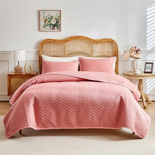 L rosa florales Patchwork-Tagesdecken-Set für Doppelbett, 200 x 230 cm, leichte Mikrofaser, gesteppte Tagesdecke mit Kissenbezügen, Jahreszeiten
