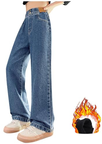 XINYUNZU Jeans Mädchen Fleece Gefüttert Jeanshosen Warm Elastische Taille Wide Leg Jeans Winterhose Kinder Breite Hose Jeans Teenager Mädchen Freizeit Hosen Winter 8-14 Jahre Alt