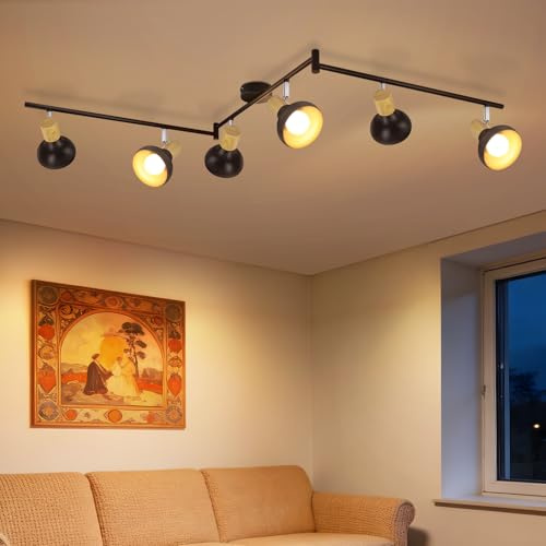 Deboola Deckenstrahler 6 Flammig Deckenleuchte Vintage - Deckenlampe | Schwarz Wohnzimmer Strahler Innen Industrial Deckenspots E14 Metall 350 Schwenkbar Spots Flur Schlafzimmer(Ohne Leuchtmittel)