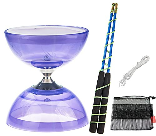 TopHomer Diabolo Jonglier-Set, Diabolo, 3fach-Kugellager, für Anfänger und Profis, mit Ersatzkordel (10 m, Profistange, Violett, leuchtendes Modell)