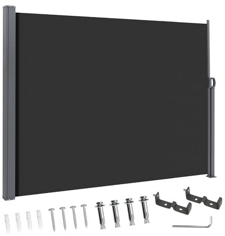 BelleMax Seitenmarkise ausziehbar & Blickdicht, 20 cm länger, Garten-Sichtschutz & Windschutz mit Aufrollautomatik für Balkon & Terrasse, Seitenmarkis Dunkelgrau 180 x 400 + 20 cm