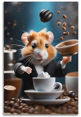 qiyan Animal Poster Hamster in A Suit Making Coffee Poster Canvas Decorative Painting Wall Art Works 20x30inch(50x75cm)