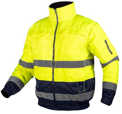 NEO TOOLS Unisex 3 in 1 Warnschutz Pilotenjacke Whistler wArbeitsjacke gelb, Warnschutz Kontrast Traffic-Jacke, Arbeitsjacke mit Kapuze Multifunktionale Taschen Gr. S-3XL