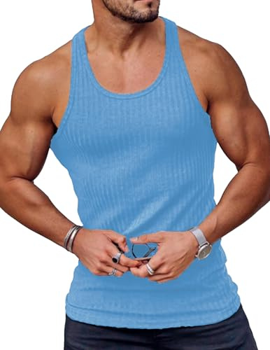 COOFANDY linne män gym muskelskjortor ärmlös sportskjorta män snabbtorkande stickade tanktops sommar, blå, S