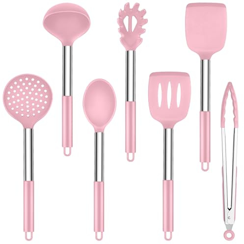 Küchenhelfer Set, Onader 7 Stück Silikon Küchenutensilien Kochbesteck Set mit Edelstahlgriff, Antihaft Kochutensilien Set Sicher für Kochgeschirr, Hitzebeständiger & Spülmaschinenfest, Rosa
