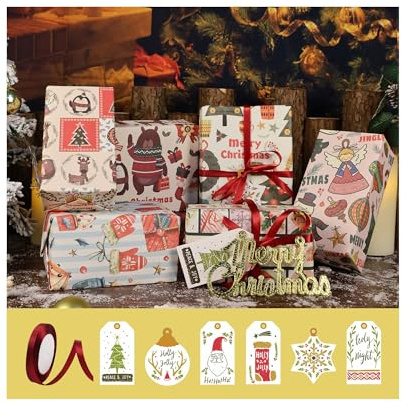 Papier d'emballage de Noël 70x50cm, Papier Cadeaux de Noel Recyclable avec Ruban et Etiquettes pour décoration de fête (Doodle Noël)