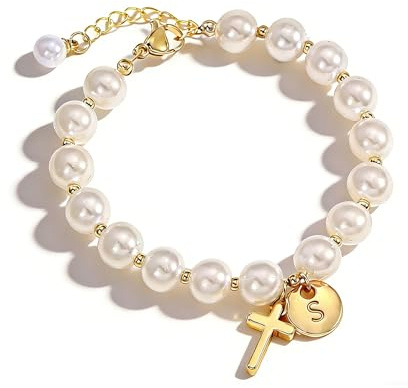 Drogomen Cute Initial Bracelets for Gals, Personalized Initial S Letter Pearl Bracelet Catholic Christening Baptism Cross Bracelet Christmas Birthday Gifts for 5 6 7 8 9 10 11 12 Years Old Teens (S)