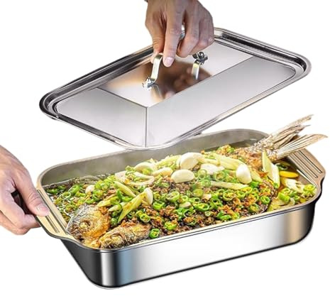 Kustimantu Teglia da forno in acciaio, teglia da forno con coperchio e manico | Stampo per lasagne per | Per torte e pane e biscotti pizza forno cucina casa festa