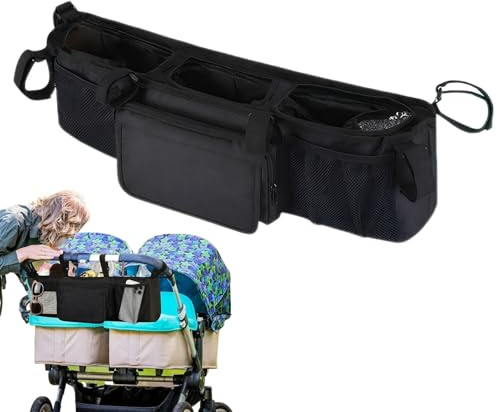 Double Stroller Caddy Organizer | Spacious Water Proof 3 Compartments Storage | Stroller Organizers | for Travel Daily Parents Home Outdoor Camping Walking