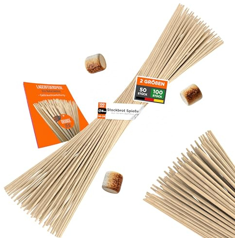 100 Marshmallow Spiesse, Stockbrot Spieße 90cm 6mm Ø, Stäbe für Lagerfeuer Stöcke, Grillspieße Holz für Kinder, Feuerschale, Grill, Camping