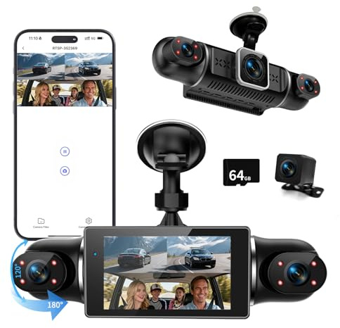 360° Dashcam Auto Vorne Hinten 4 Kanal Dash Cam Auto Kamera FHD 4K+1080Px3,4×140° Weitwinkel,WDR-Nachtsicht (8 IR-LEDs), 3 IPS Display,G-Sensor,24/7 Parkmodus,Loop-Aufnahme, inkl. 64GB SD-Karte, App