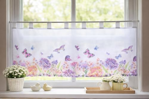 KAMACA Rideau de bistrot de qualité supérieure - 50 x 120 cm - Blanc avec hortensias multicolores en violet et violet - Rideau brise-bise transparent en polyester - Décoration florale de maison de