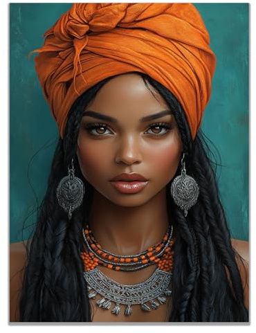 WIKEO Afrikanische Frauen Leinwandbilder Fashion Black Woman Artwork Schwarz Frau Poster Drucke Afrika ethnischer alter Stamm Bild,Retro Kunstwerk Dekor(Grün)-80x120cm Ungerahmt