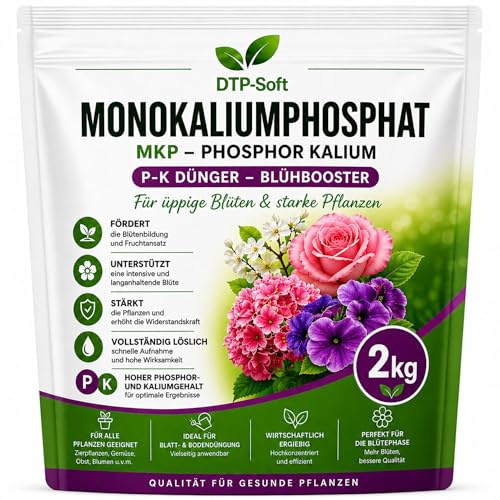 DTP-SOFT Monokaliumphosphat Dünger 2kg/2000g - MKP P-K Dünger wasserlöslich - Blühdünger und Kalium Phosphor für Tomaten, Gemüse, Obstpflanzen, Balkonpflanzen - chlorfrei