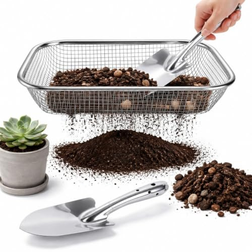 FTISSLY Tamis de Jardinage 2 Pièces, Tamis à Terre en Acier Inoxydable 201 avec Maille de 6 mm, Crible à Compost pour Sable, Gravier et Semences, avec 1 Pelle de Jardin, 33,5 x 25 x 6 cm, Argenté