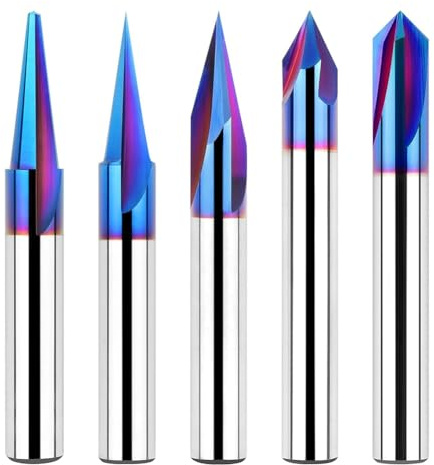 Jnchdghwa Set di Punte per Router CNC per Incisione del Legno - 5PCS, Gambo da 1/4, Liner per Incisione Dettagliata A 15° + Punta Profilo A 20° + 30° + 60° + V A 90°.