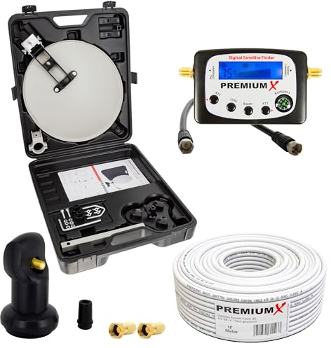 PremiumX Camping Satelliten Anlage Satellitenschüssel SAT-Finder Single LNB 10m Koaxial Kabel 2X F-Stecker kompakt im Koffer