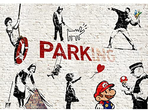 Runa Art Papier peint intissé collage Banksy 352 x 250 cm Toison Mur XXL Tableaux Muraux Tapisserie Photo Décoration Murale Salon Chambre Noir Blanc Rouge 9389011a
