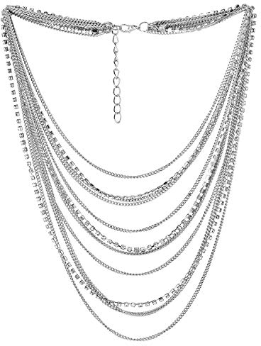 COOLSTEELANDBEYOND Wasserfall Multi-Schichten Kette Statement Halskette Kragen Halsband Anhänger mit Strass Kette Abendkleid