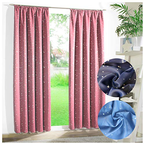 heimtexland ® Verdunklungsgardine Kindergardine Sterne Vorhang Sterne Silber Rosa Kräuselband 245x135 Typ639