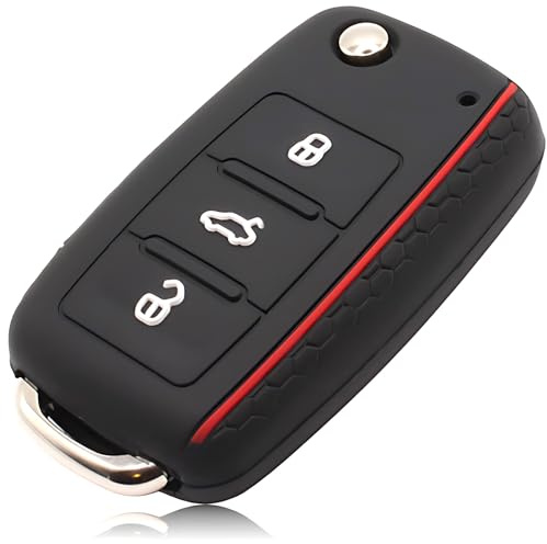 FOAMO Autoschlüssel Silikon-Hülle Kompatibel mit VW Golf 6, SEAT, SKODA - Schutz-Hülle für Schlüssel Schwarz Rot